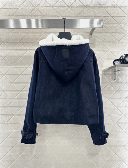Hooded plush denim cloak jacket