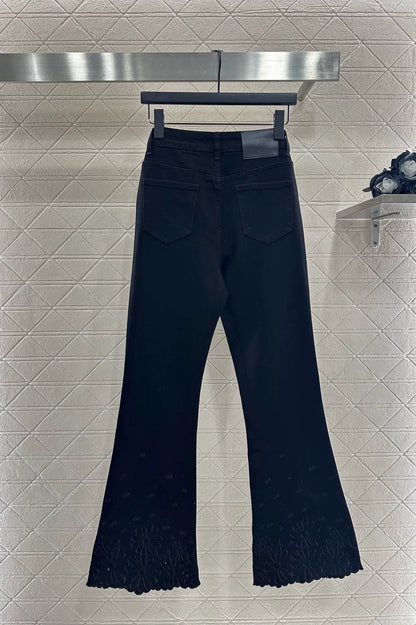 25fw Embroidered flower denim micro flared pants