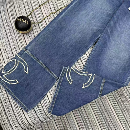 Nail bead denim straight leg pants