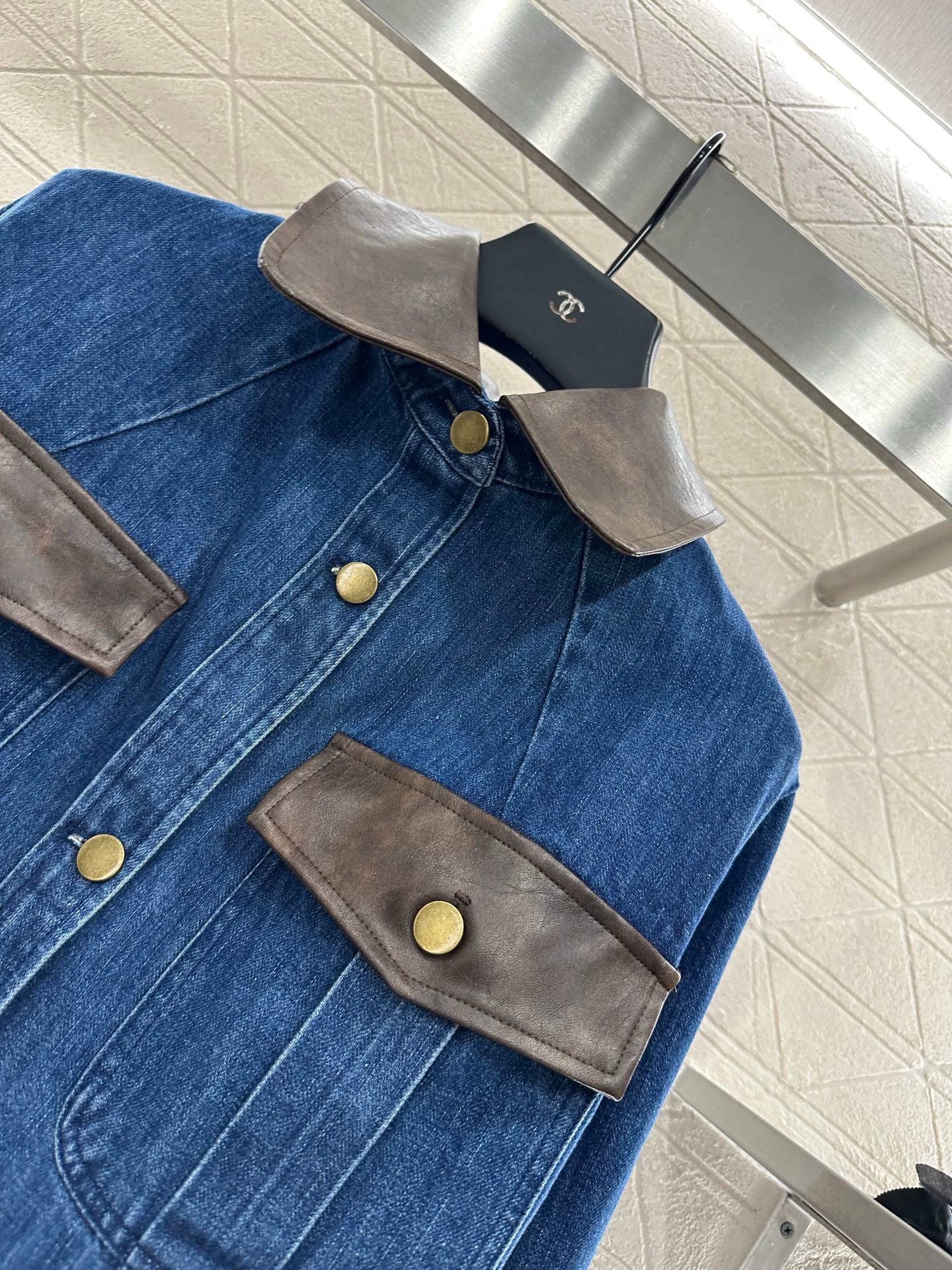 25fw Spliced leather silhouette denim jacket