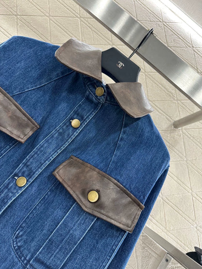 25fw Spliced leather silhouette denim jacket