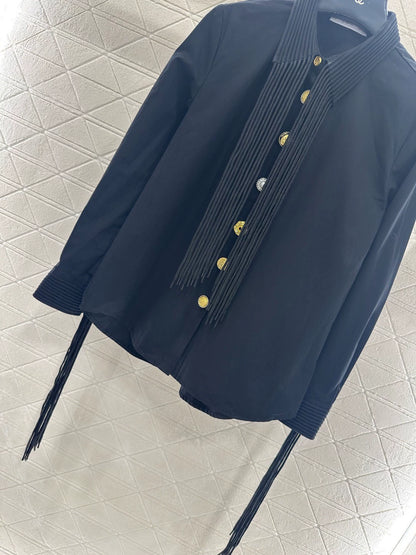 Artistic collar button tassel long sleeved shirt