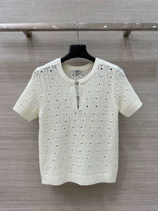 25fw hollow crocheted short-sleeved top