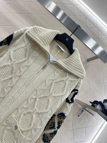 25fw Zipper hook flower knitted cardigan