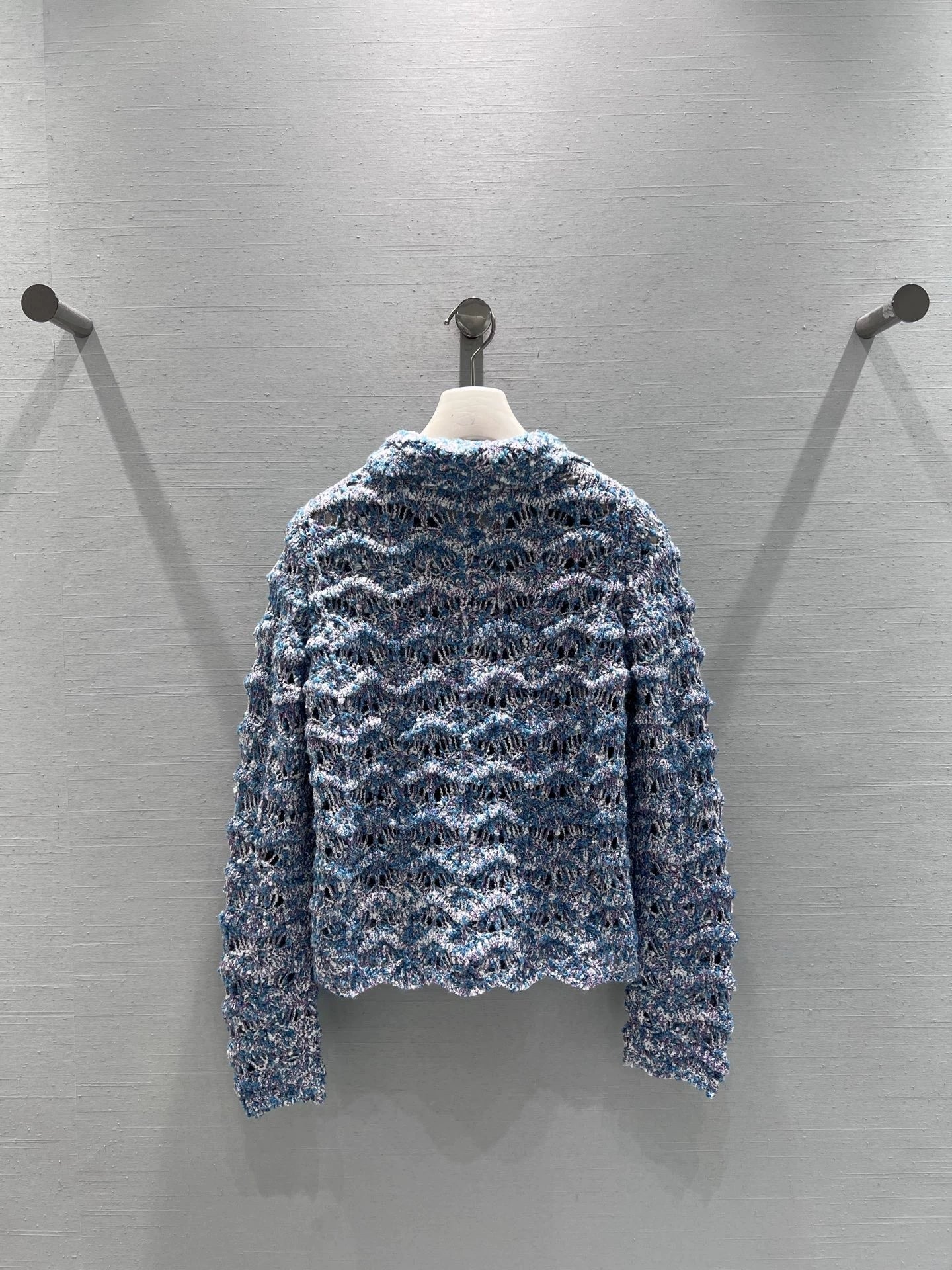 Wavy-patterned openwork knit cardigan