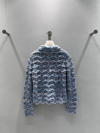Wavy-patterned openwork knit cardigan