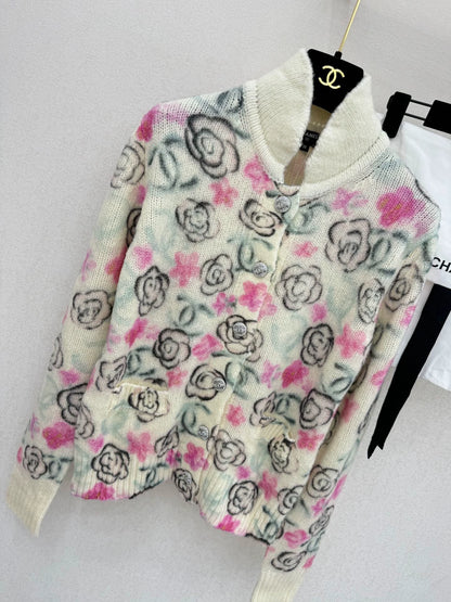 Camellia print cashmere cardigan