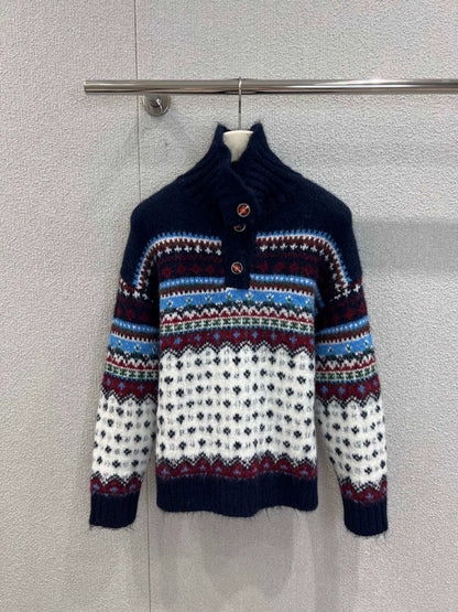 Ethnic style high necked knitted sweater