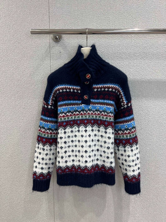 Ethnic style high necked knitted sweater