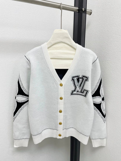 25fw Sleeve contrasting logo V-neck cardigan