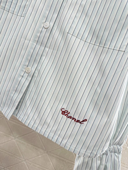 Short striped drawstring sleeve shirt