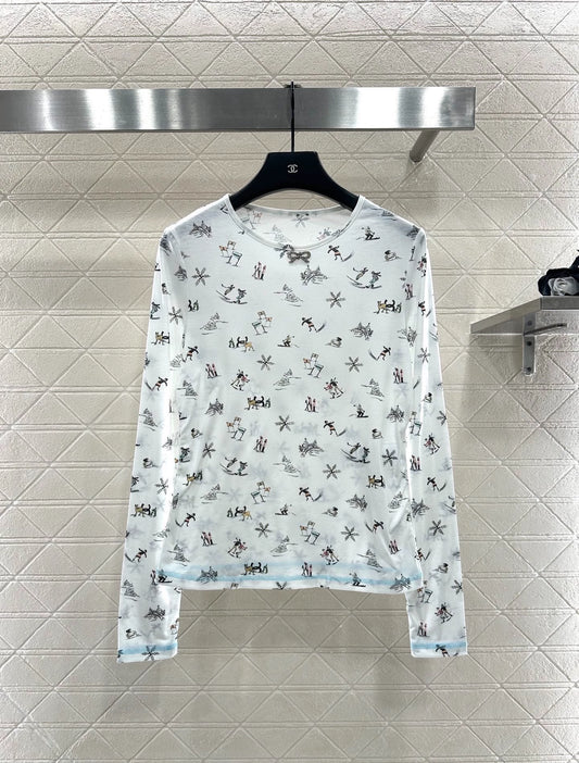 Round neck design ski print top