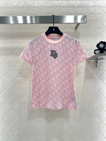 Round neck printed nail bead T-shirt