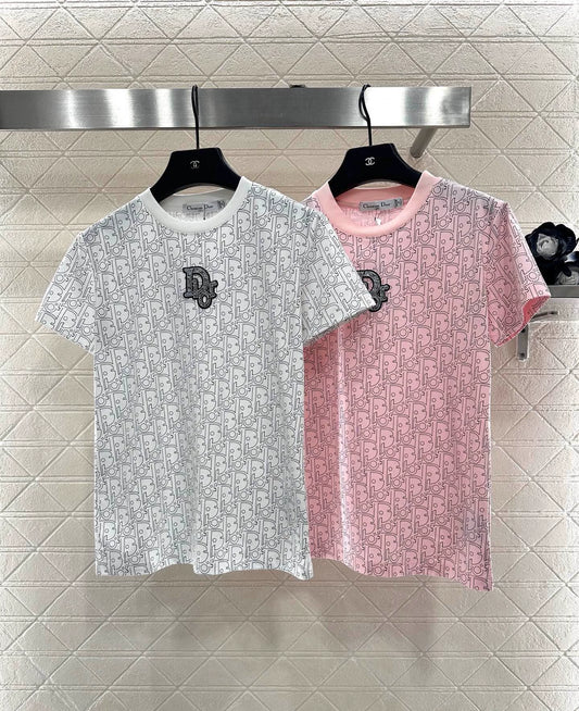 Round neck printed nail bead T-shirt