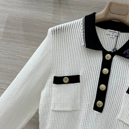 Embroidered mesh knitted long sleeved shirt