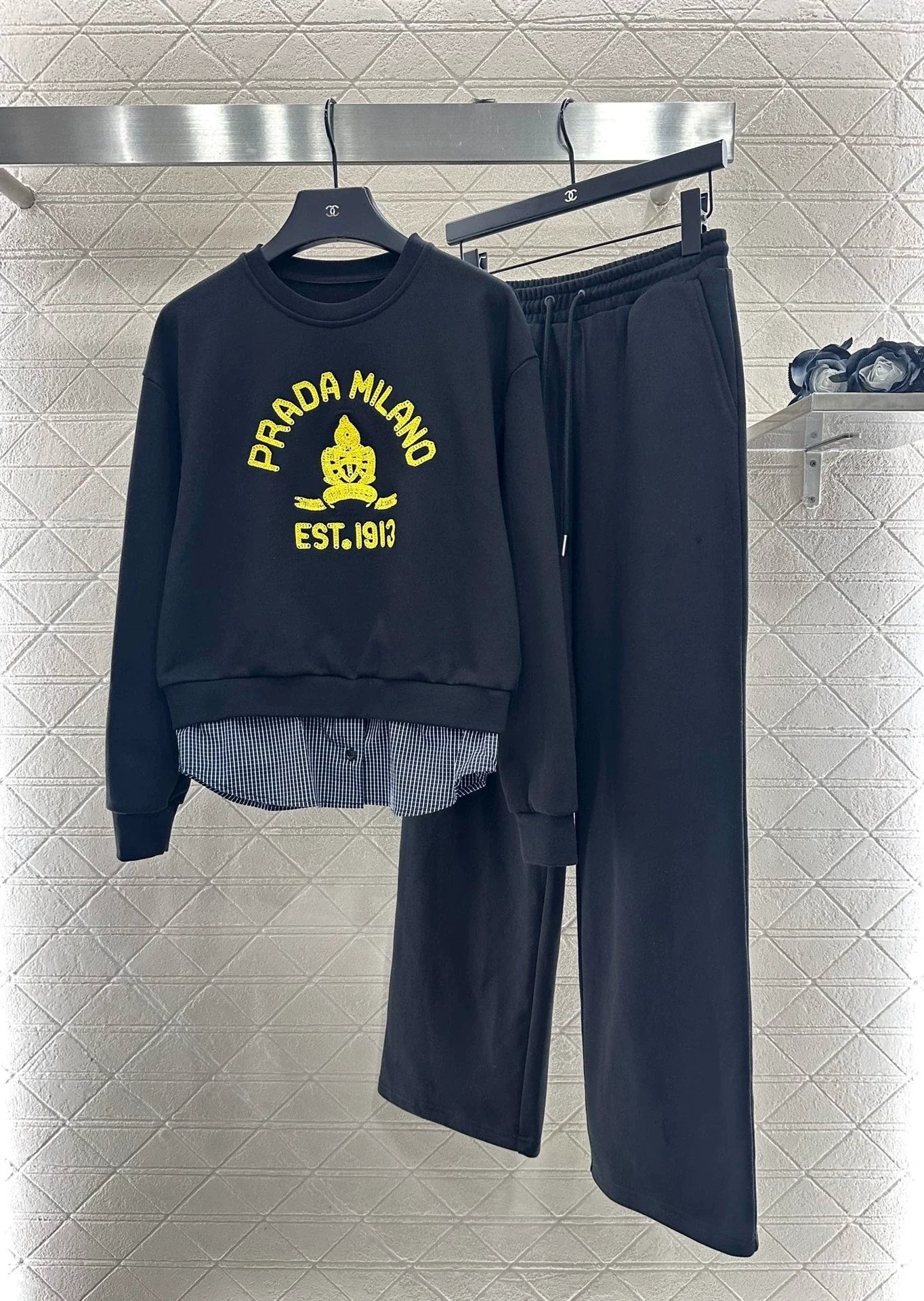 25fw Splicing plaid hoodie and pants set