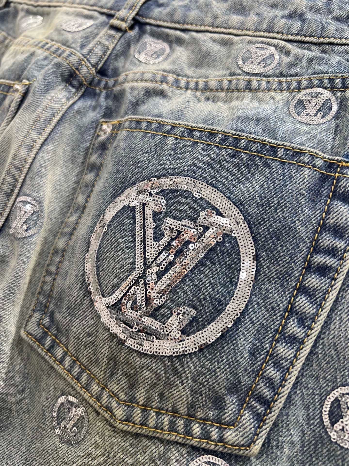 Monogram Sequin Wide-Leg Denim Pants