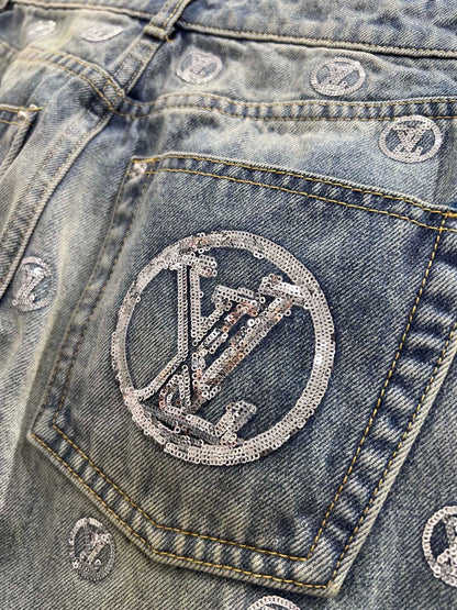 Monogram Sequin Wide-Leg Denim Pants