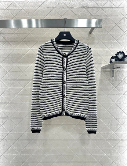 Striped contrasting knit round neck cardigan