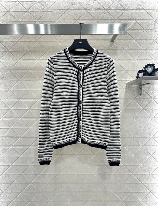 Striped contrasting knit round neck cardigan