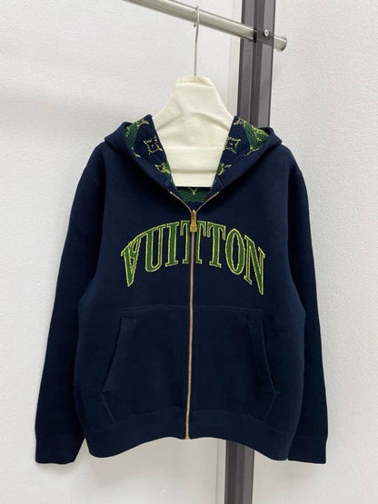 Double sided jacquard zipper hooded jacket