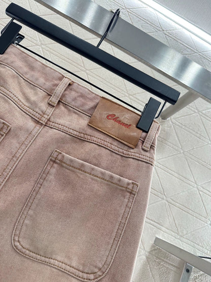 Pink ground white straight leg denim pants