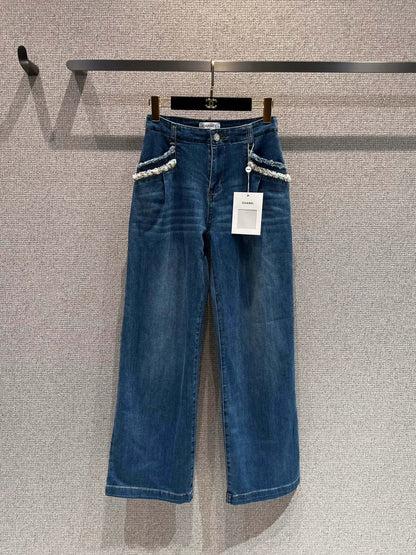 Pearl and rhinestone embellished wide-leg jeans