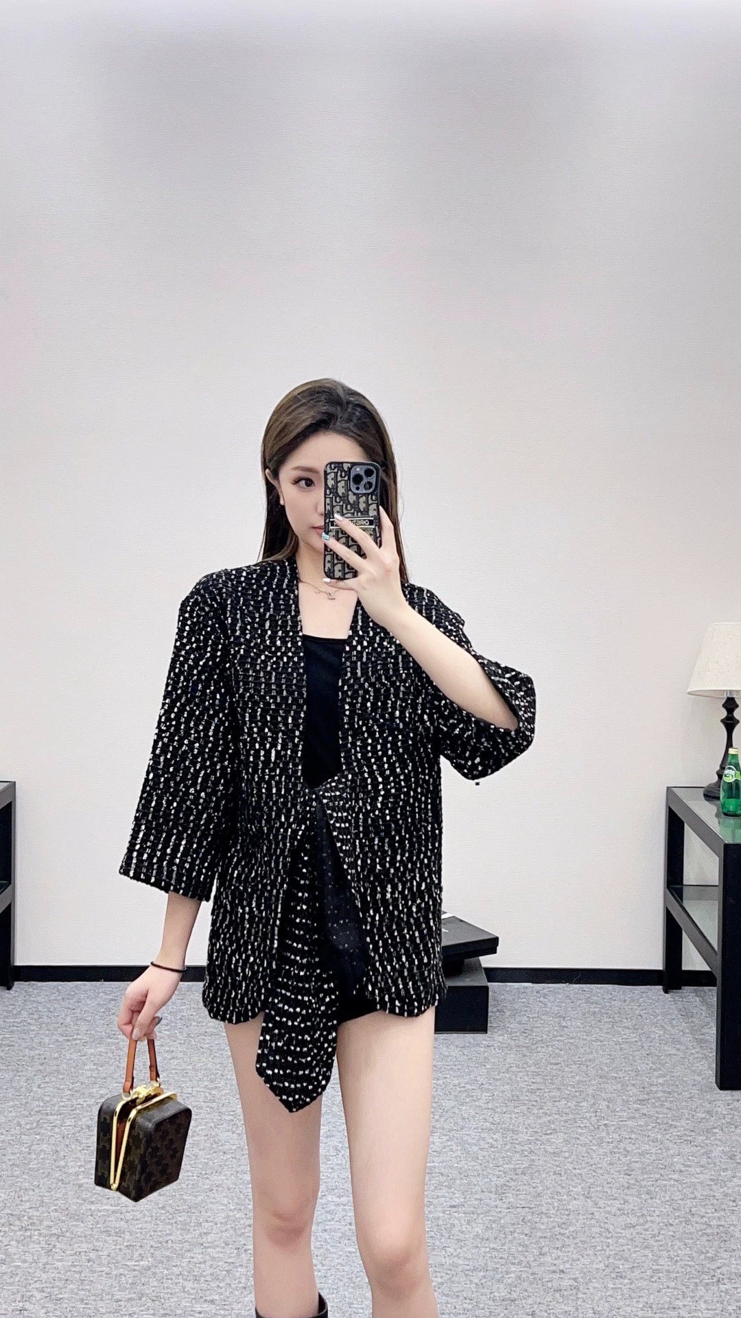 25fw Bead plaid open top jacket