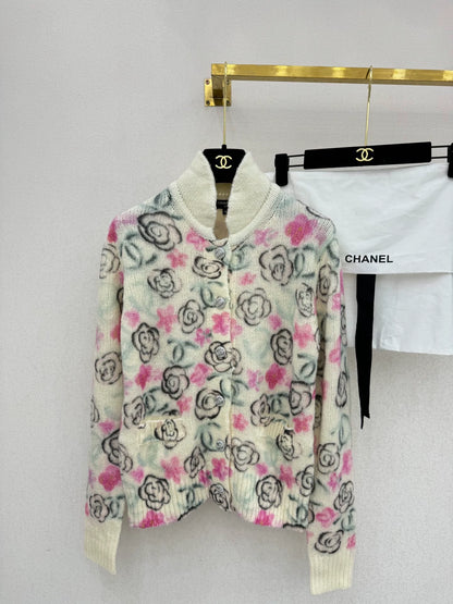 Camellia print cashmere cardigan