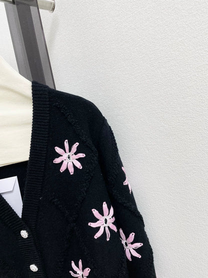 V-neck cardigan flower embroidery knitted cardigan