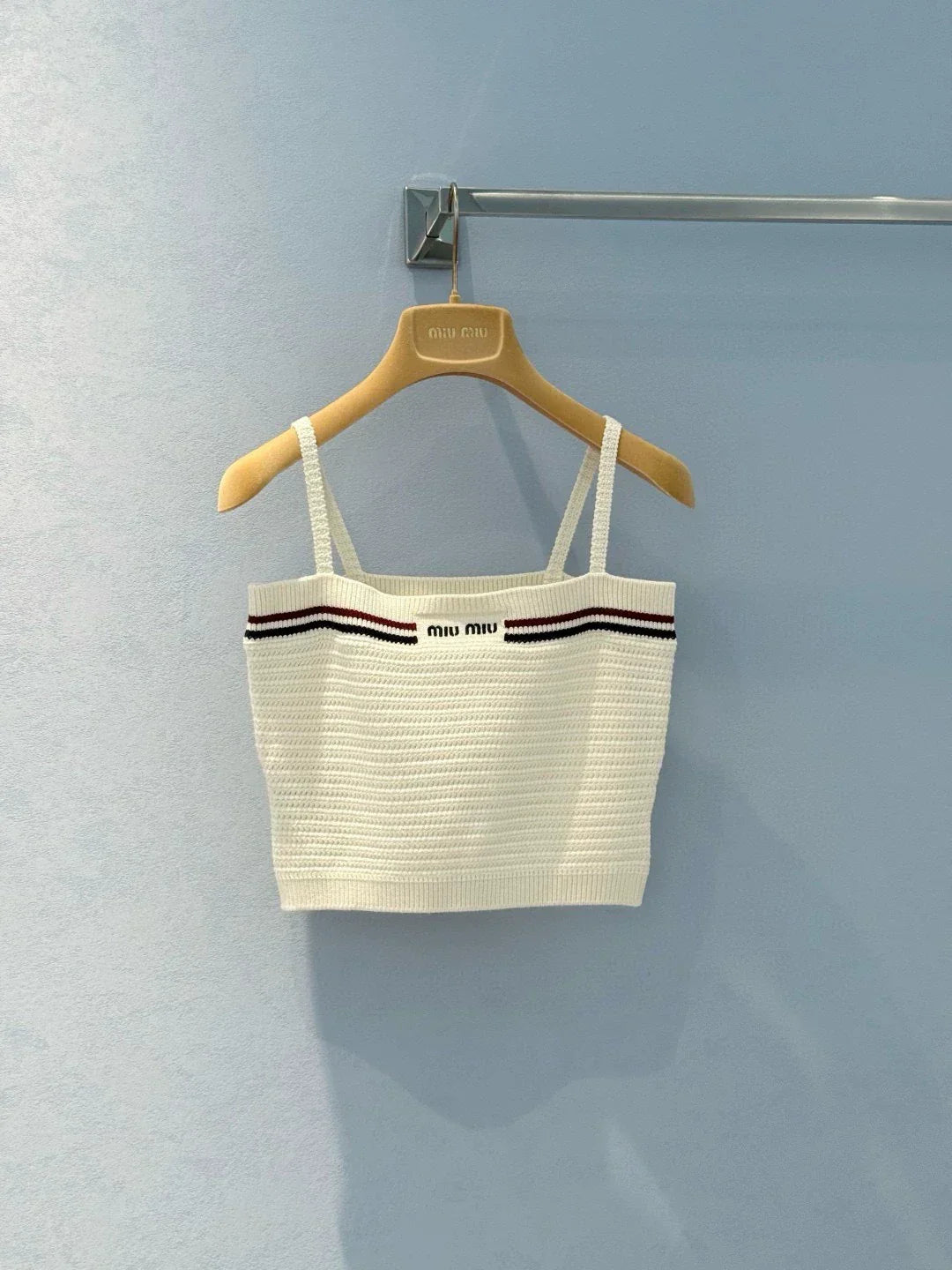 25 Summer new color matching ribbon pure cotton knitted suspender skirt suit