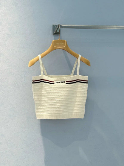 25 Summer new color matching ribbon pure cotton knitted suspender skirt suit