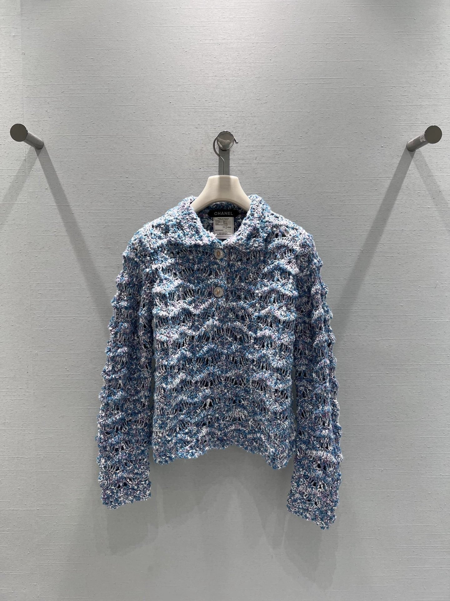Wavy-patterned openwork knit cardigan