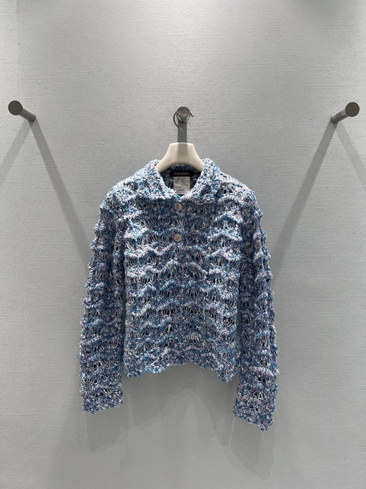 Wavy-patterned openwork knit cardigan