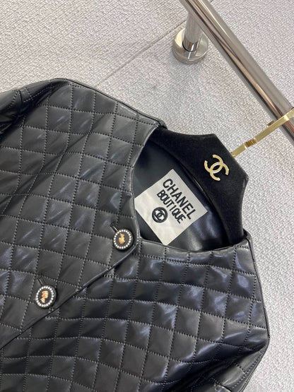 Diamond-patterned leather cotton-padded jacket