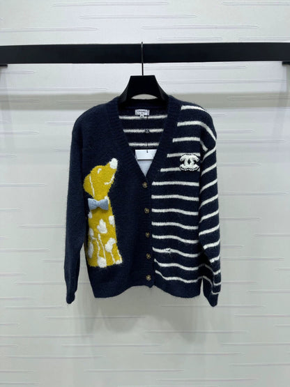 Striped V-neck long sleeved knitted cardigan