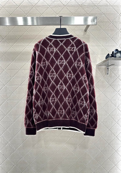 25 Vintage letter diamond grid round neck knitted wool cardigan