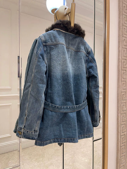 Wool collar and cotton denim jacket