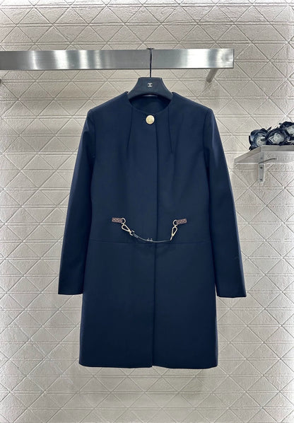 25fw Round neck leather chain buckle mid length jacket