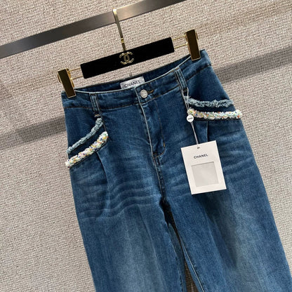 Pearl and rhinestone embellished wide-leg jeans