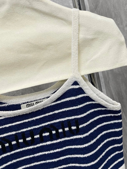 25 Summer new dark blue striped sweater suspender top + skirt set