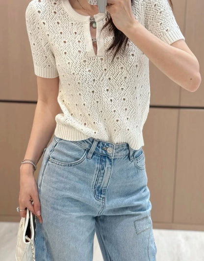 25fw hollow crocheted short-sleeved top