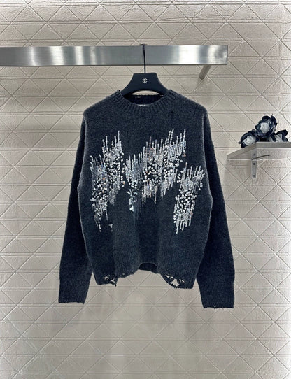 25fw Broken hole sequin round neck sweater