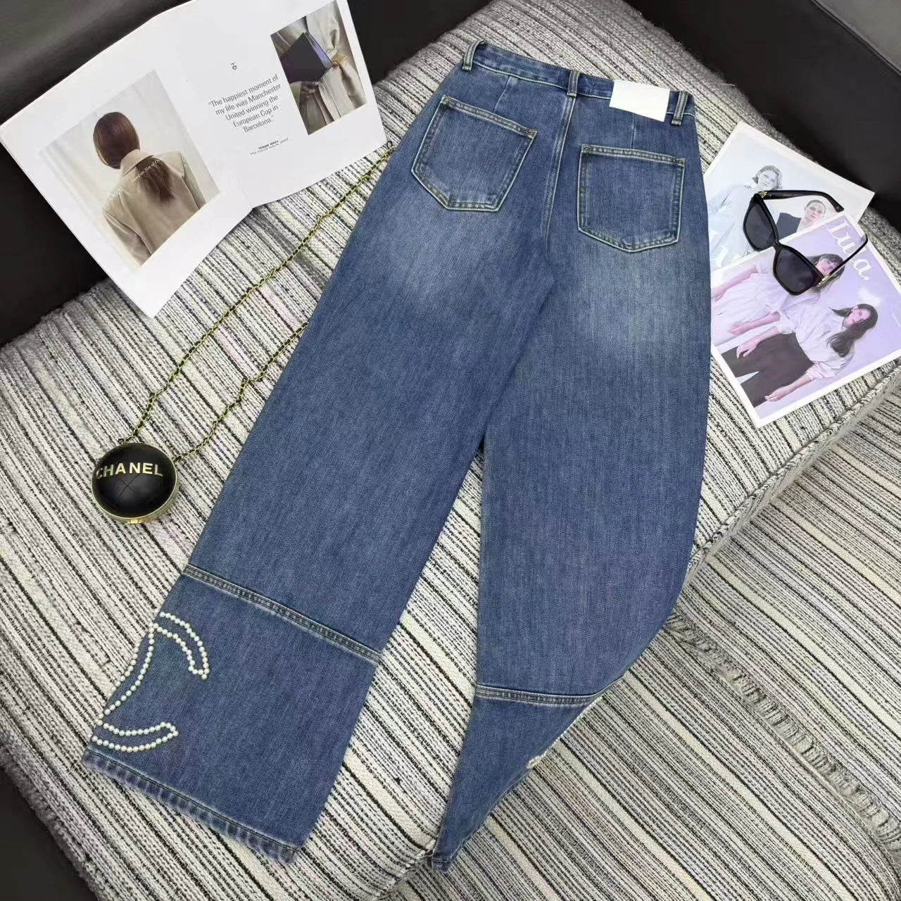 Nail bead denim straight leg pants