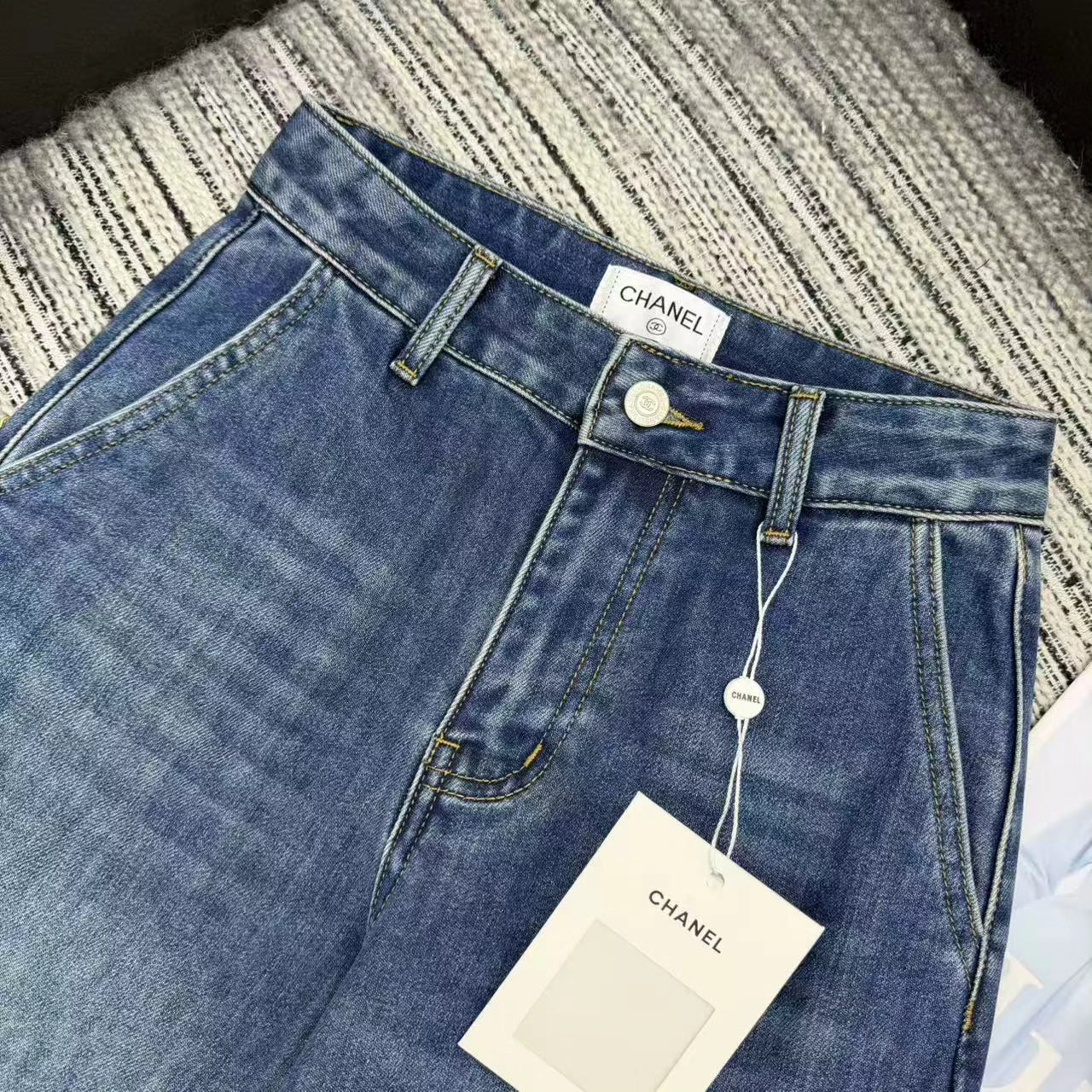 Nail bead denim straight leg pants