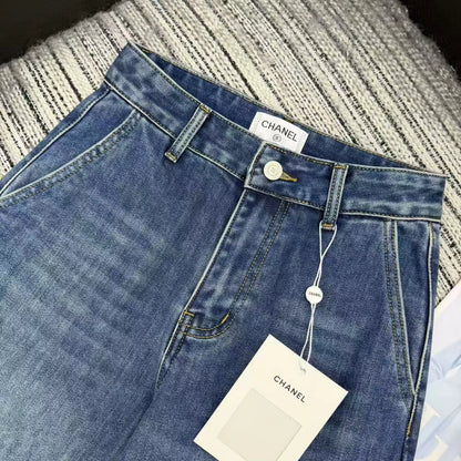 Nail bead denim straight leg pants