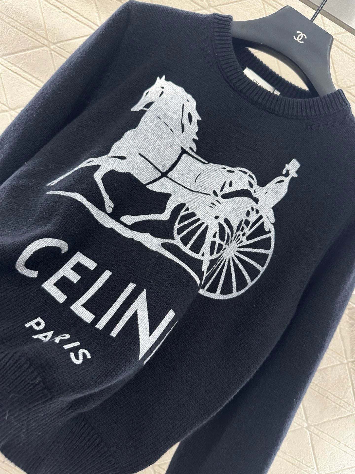 25 Crochet letter carriage knit sweater（Beigei/black）