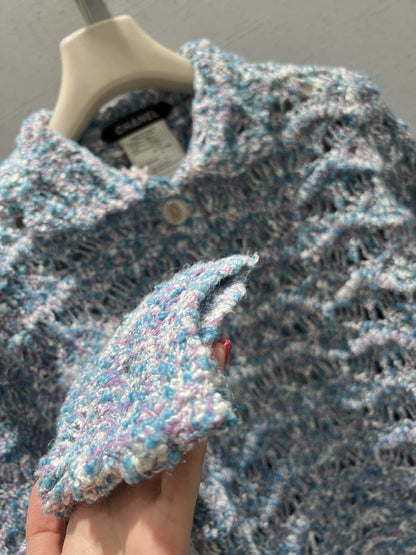 Wavy-patterned openwork knit cardigan