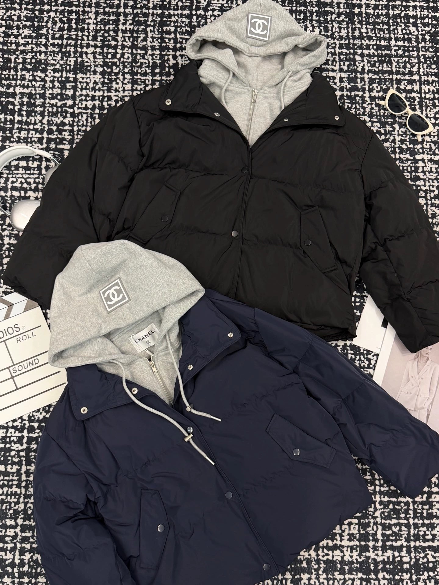 Fake two-piece spliced hoodie, hat, goose down suit