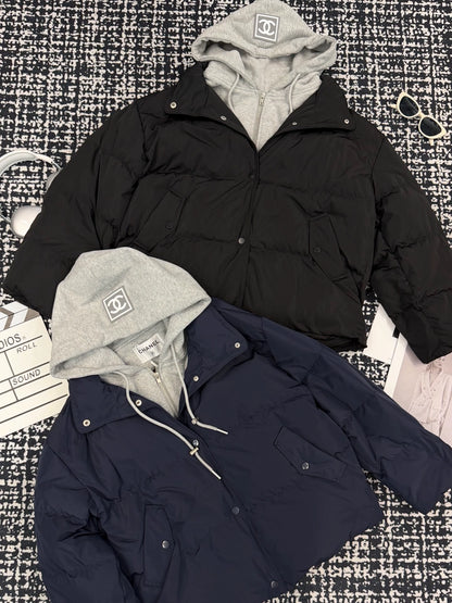 Fake two-piece spliced hoodie, hat, goose down suit